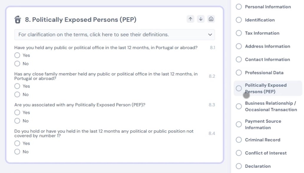 VeriKYC investor onboarding screen showing politically exposed person questions, with case sections listed at right.